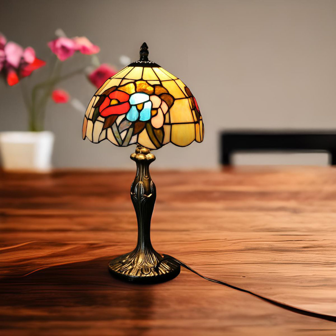 Tiffany Style Table Desk Lamp Antique Brass Base Lamp With Stained Glass Fleur De Lis Living