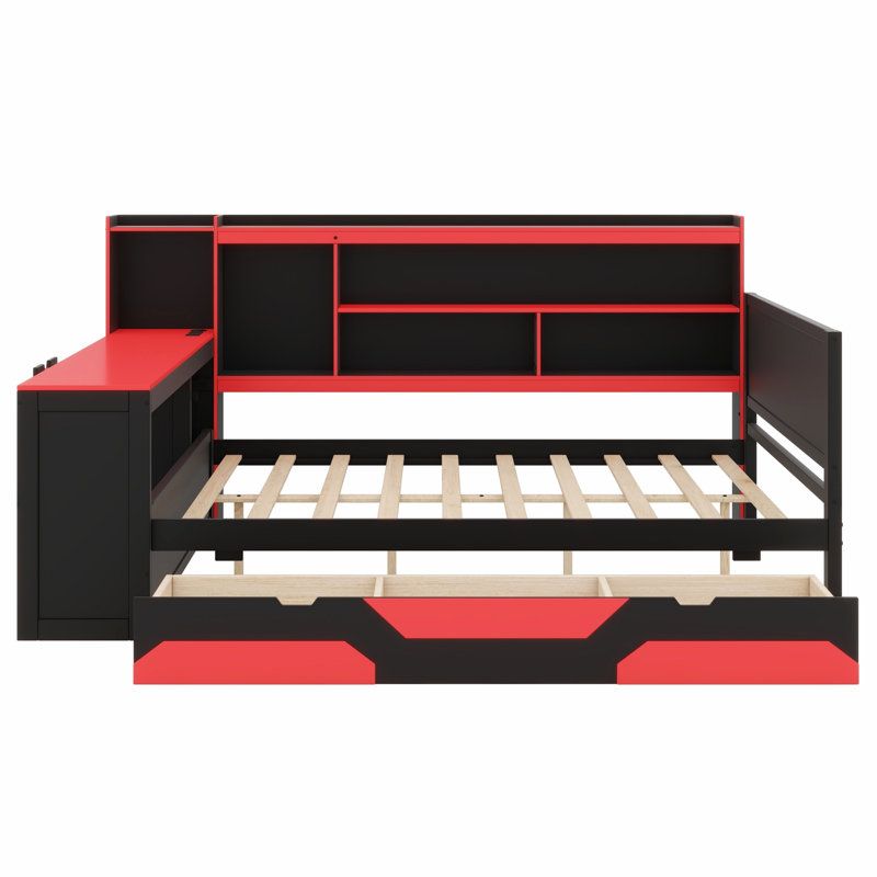 Multi-Functional Gaming Daybed with Built-in Desk, Charging Station and Storage Drawers, Black+Red, Full / Double