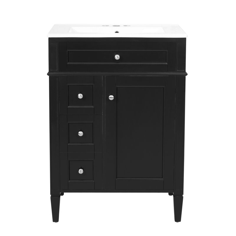 Meuble-lavabo 24 po Modern French Atelier avec comptoir en céramique, meuble-lavabo simple avec tiroir basculant, 2 tiroirs coulissants et armoire de rangement avec organisateur de porte, pieds en bois massif (disponible en noir, blanc, bleu et vert)