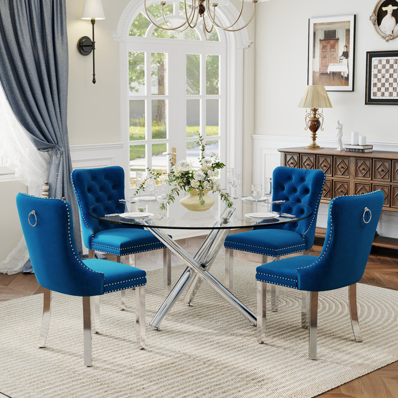 Ensemble de salle à manger à piédestal rond 5 pièces avec chaise capitonnée en velours pour salle à manger et salon, Bleu