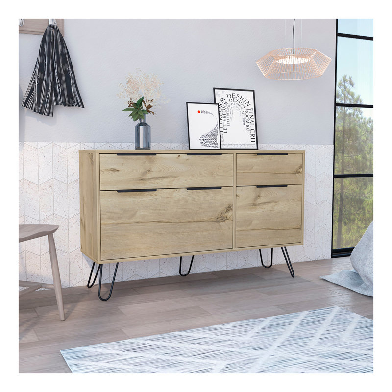 Commode double Augusta, plateau supérieur, pieds en épingle à cheveux, quatre tiroirs