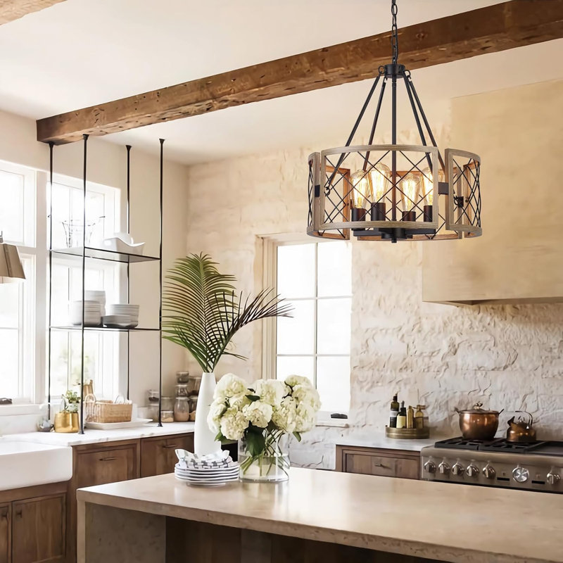 Lustre de maison de campagne moderne, lustre de salle à manger rustique à 4 lumières avec îlot de cuisine, suspension réglable, chêne noir et foncé