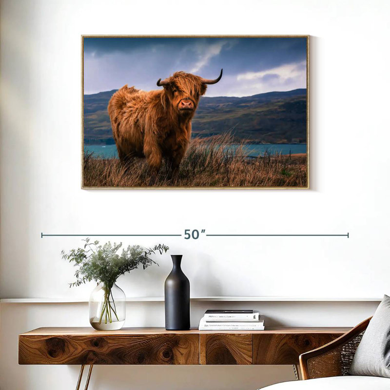 Grande vache Highland, Cadre flottant en bois naturel, 37 po x 25 po
