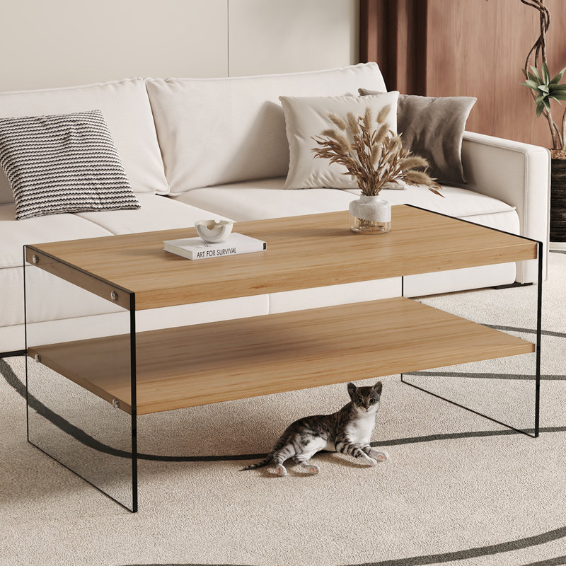 Versatile Double-Layered Rectangular Coffee Table for Various Settings, Natural Wood