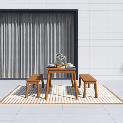 3 Pieces Outdoor & Indoor Acacia Wood Table Bench Dining Set,Distinctive Diagonal Grained Wood,With 2 Benches,Adjustable Foot Pads, Easy Assembly