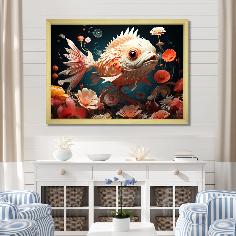 Art mural surréel de poisson sous-marin II, H 34 po x l 44 po x P 1,5 po, Cadre doré à coins fermés
