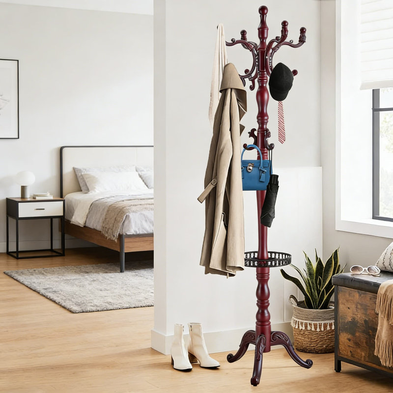 Freestanding Wood Coat Rack With 14 Hooks And Storage Tray, Sturdy Tree Stand For Entryway, Hallway, Bedroom, Hats, Bags, And Umbrellas