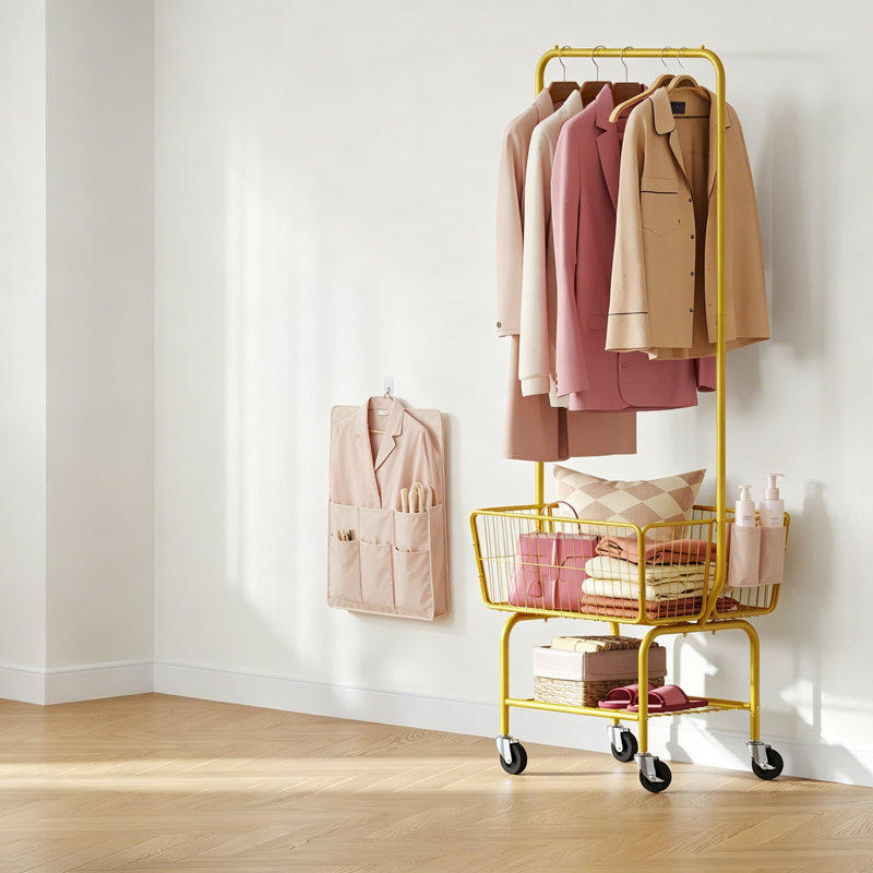 Chariot à linge sur roulettes en métal avec support à suspendre, panier de rangement et tablette, trieur de linge en fil d'or sur roulettes avec roulettes verrouillables pour l'organisation de la salle de bain ou de la chambre à coucher