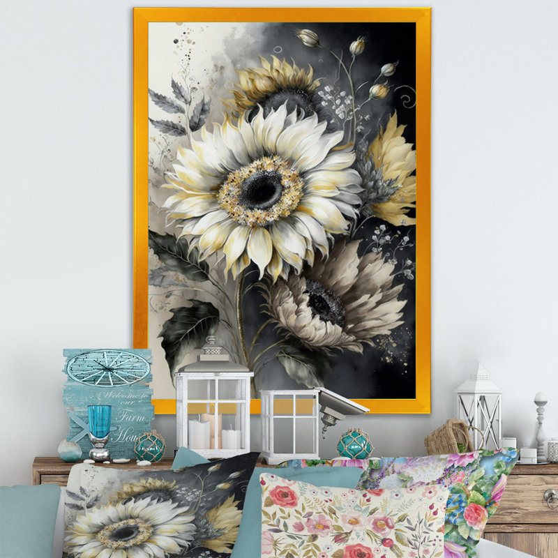 Tournesol blanc - art mural grand tournesol, H 20 po x l 12 po x P 1 po, Impression sur dorée toile encadrée