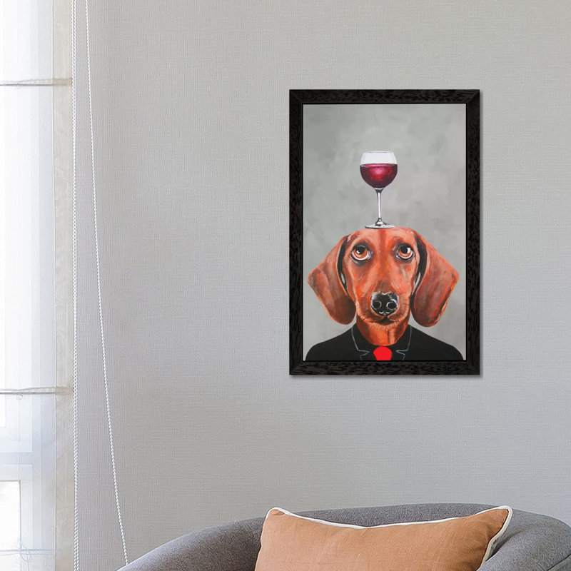 Dachshund With Wineglass by Coco De Paris - Painting on Canvas, 66.04 cm H x 45.72 cm W, Black Framed