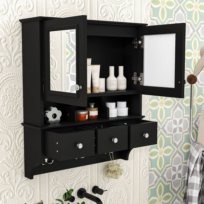 Armoire de salle de bain luxueuse avec tablette, tiroirs, miroirs et crochets, Noir