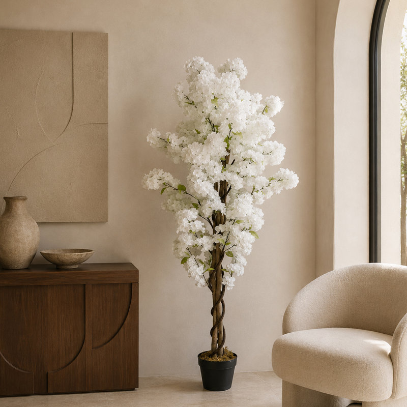 Plastic, Silk Artificial Arrangement in Planter, White