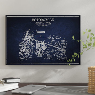 " Arthur H.W. Yordi Motorcycle Patent Sketch (Navy Blue) " by Aged Pixel