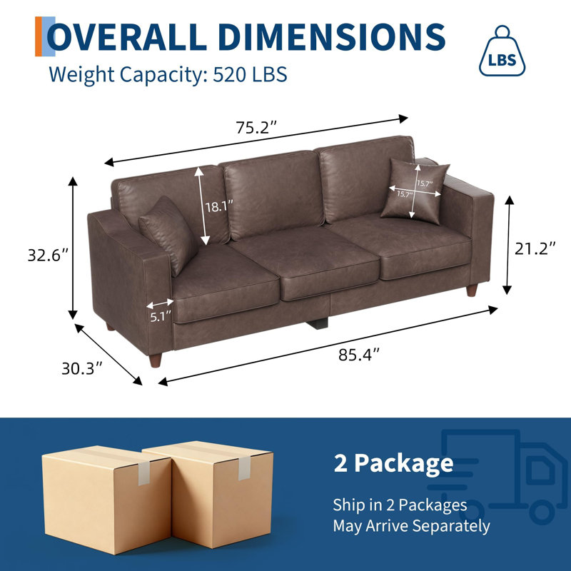 Canapé 3 places en similicuir brun foncé - accoudoirs larges, sièges profonds, pieds en bois, comprend 2 coussins décoratifs, idéal pour le salon ou le bureau