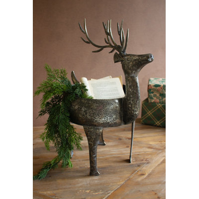  Metal Reindeer Planter 24"H – Rustic Distressed Finish – Holiday Accent