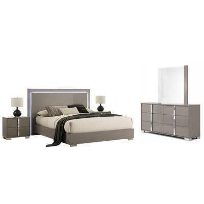 Ensemble de chambre à coucher grand avec 5 pièces Suni, tête de lit à DEL gris taupe clair, 2 tables de chevet