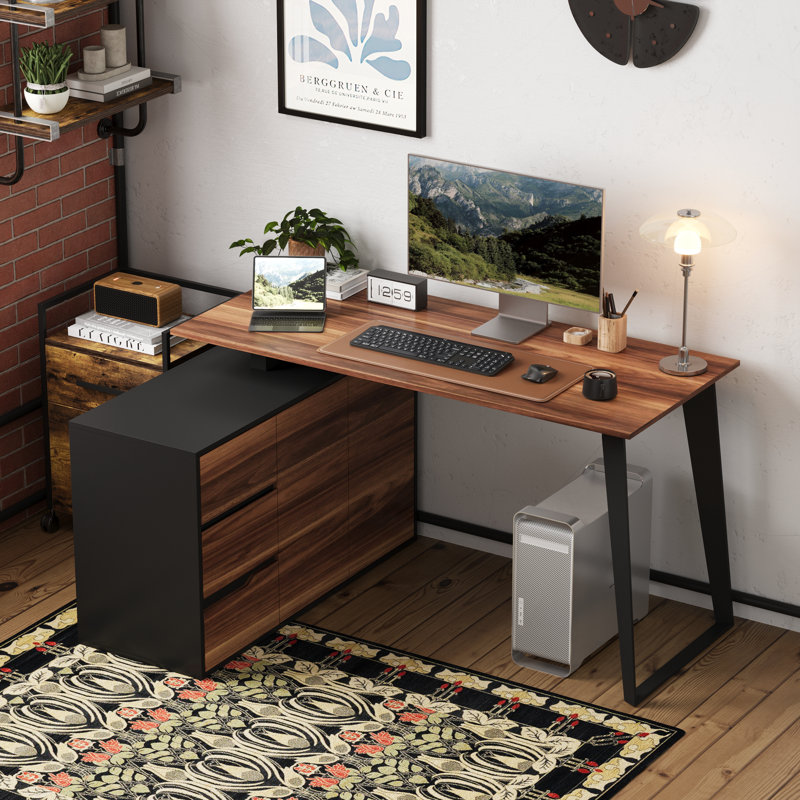 61.2” Wide Corner L-Shaped Computer Desk With 3 Drawers, Black