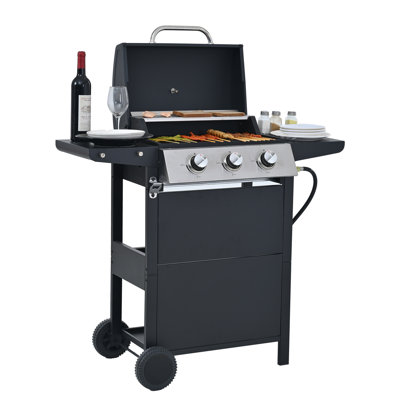 Propane Gas Grill 3 Burner BBQ Outdoor Stainless Steel, 26,000 BTU Patio Garden Grill with Side Shelves, Lid, Wheels & Bottle Opener, Black Finish