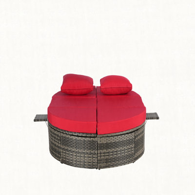 Outdoor Patio Round Daybed, Sun Bed with Adjustable Backrests and Foldable Cup Trays, Reclining Outdoor Lounger Wicker Rattan Patio Daybed with Cushions and Pillows for Backyard Poolside