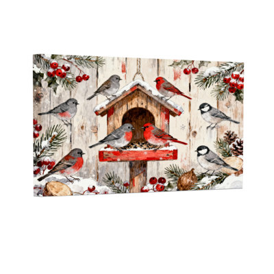 Oiseaux d'hiver de Noël se nourrissant de baies rouges et de pommes de pin, ensemble de 3 impressions sur toile