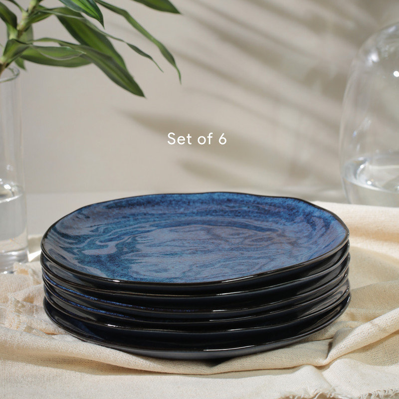 Handcrafted Blue Porcelain Round Dinner Plates, Set of 6