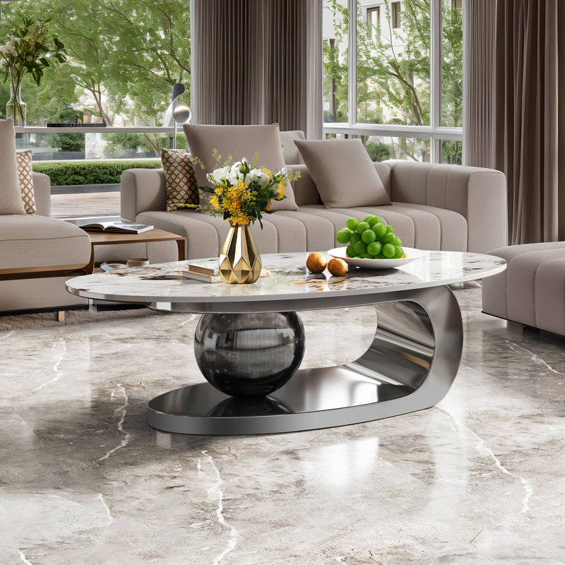 Hannie 51" Modern Luxury Marble Coffee Table with Metal Pedestal Base, Pandora, Gray