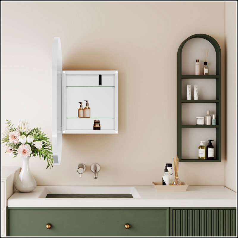 Pharmacie encastrable ovale 20 po x 34 po avec structure en métal, tablettes réglables et miroir de haute qualité pour les salles de bain modernes
