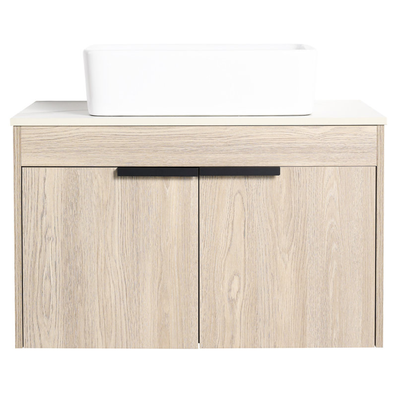Meuble-lavabo de salle de bain avec lavabo en céramique - Fixation murale 30 po, chêne blanc, porte à fermeture en douceur, lavabo amplement encastré en chêne, capacité de fermeture silencieuse