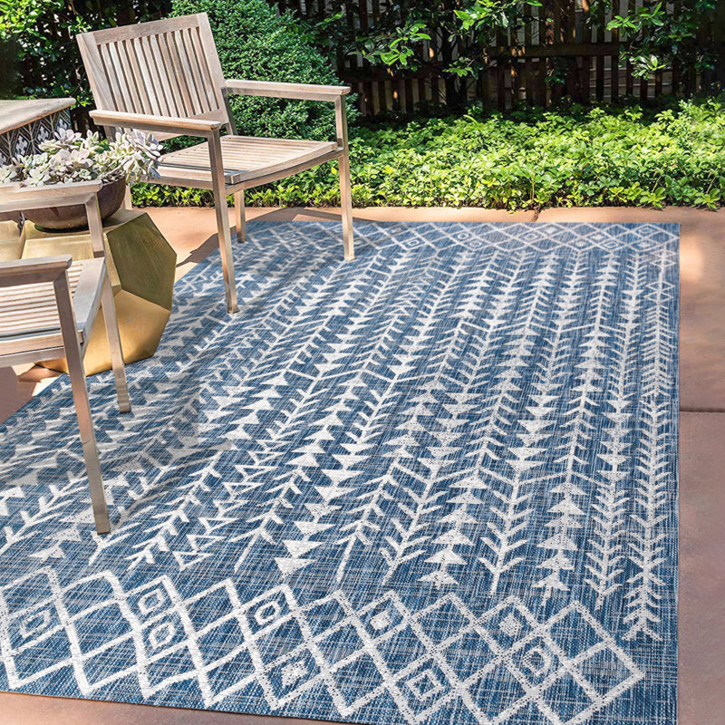 Wiese Bohemian Geometric Blue/Ivory Indoor/Outdoor Rug, Rectangle 3'1" x 5'