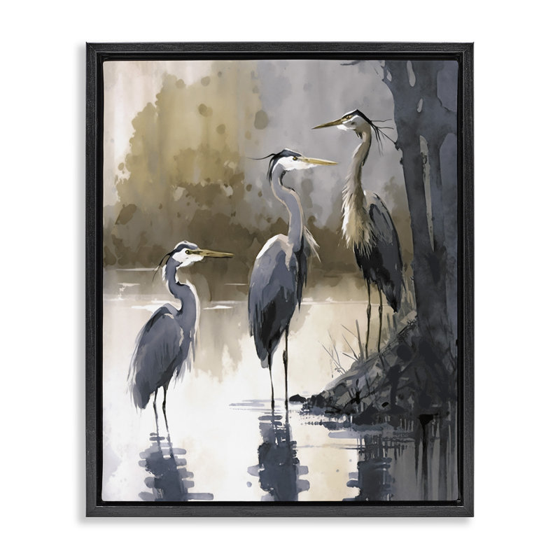 Lake View Herons, reproduction d'art sur toile, H 21 po x l 17 po, Cadre flottant noir de jais