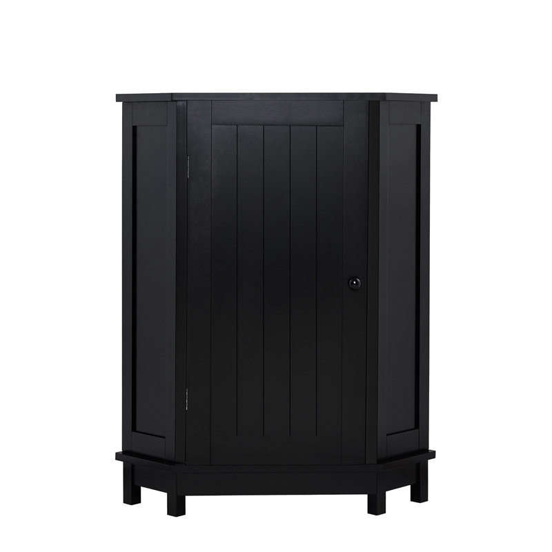 De rangement de coin de salle de bain triangulaire à base noire avec tablette réglable et armoire polyvalente convenant à plusieurs pièces