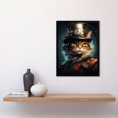 Top Hat Magic Cat Fun Steampunk Cat Explorer Artwork - Single Picture Frame Print