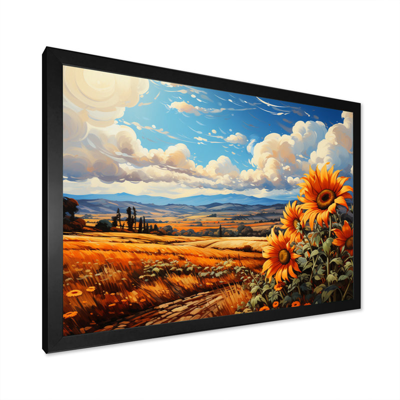 Champ de tournesols français Bilow, charme de campagne III - impression, H 34 po x l 44 po x P 1,5 po, Cadre simple noir