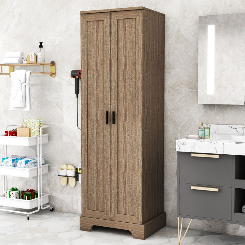 Wooden Bathroom Cabinet with Adjustable Shelves, Brown