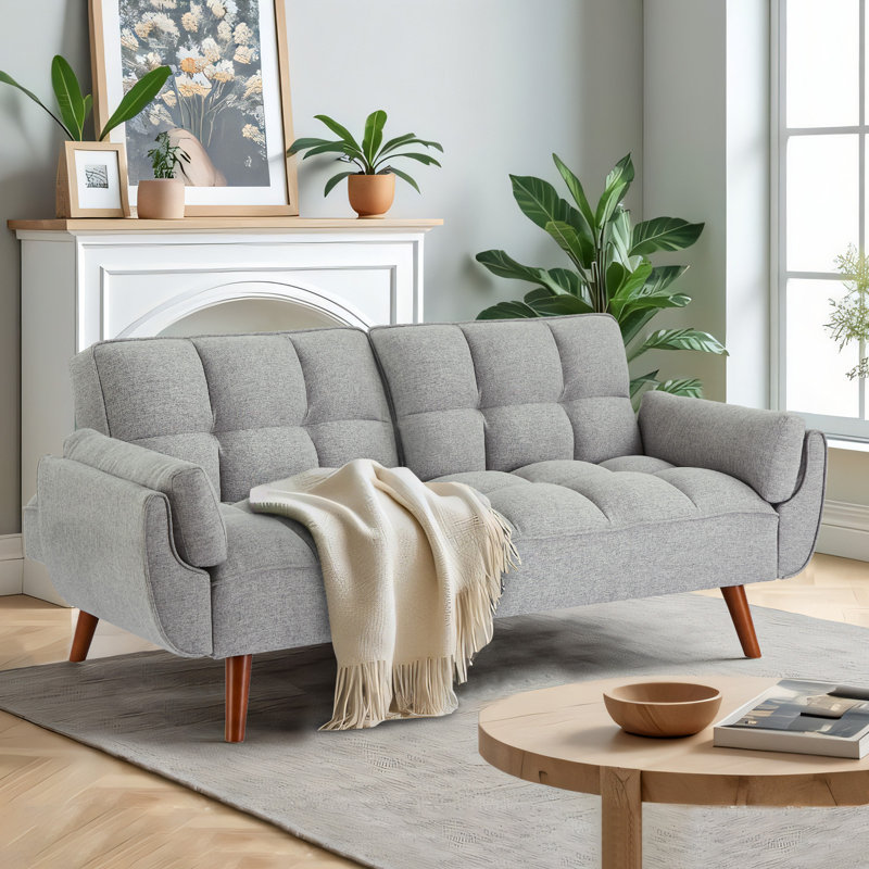 Kazal 75.39" Full / Double Wide Upholstered Split Tufted Back Convertible Sofa, Beige Fabric