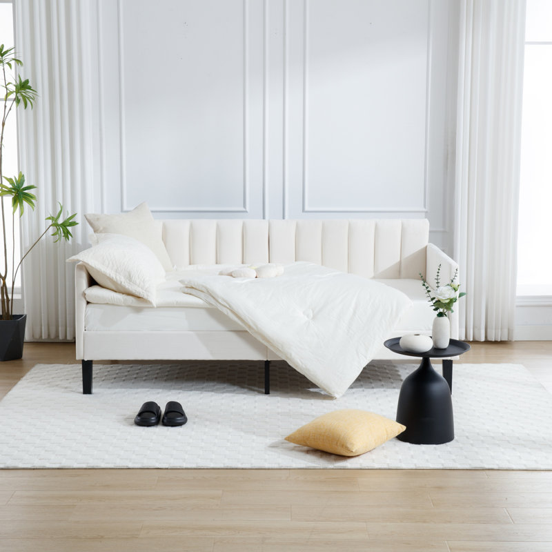 Elena Twin Size Beige Velvet Upholstered Daybed, Ribbed Tufted Backrest, Daybed In Lavish Modern Design, Richly Hued Foam Comfort