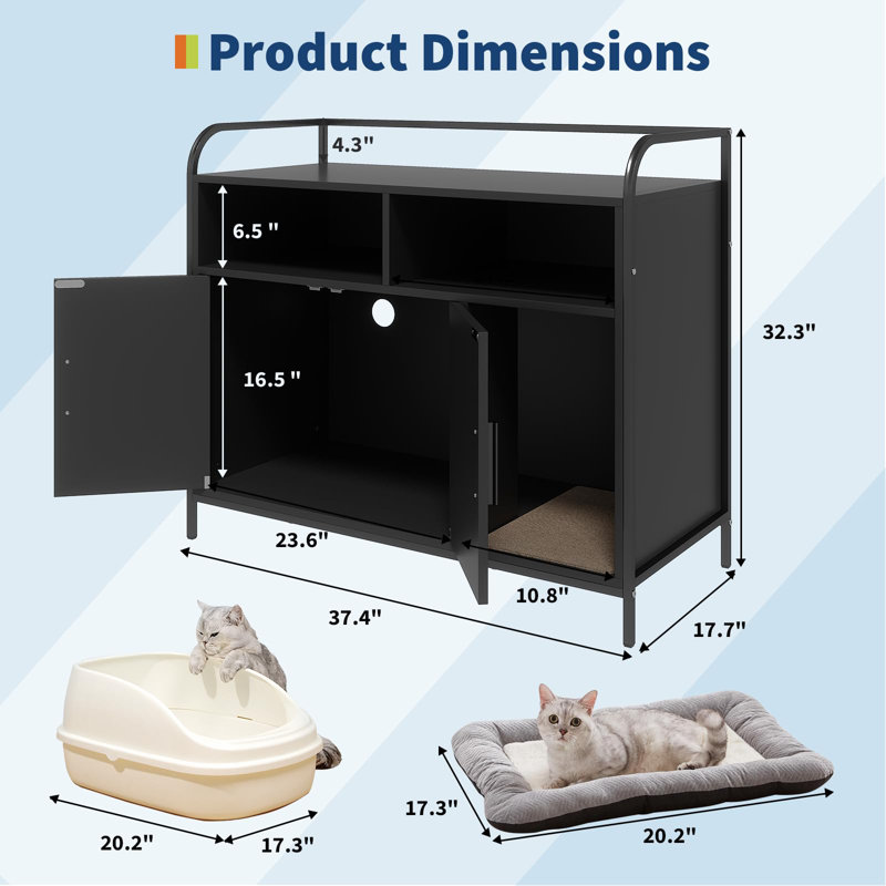 Hidden Cat Litter Box Furniture - Black Enclosed Cabinet w/2 Storage Compartments, Scratching Mat & Double Doors, Elegant End Table