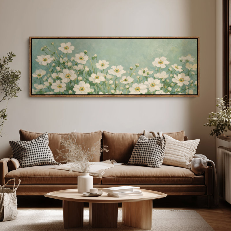 «White Daisy Meadow» sur fond vert doux, reproduction d'art encadrée, H 20 po x l 60 po, Naturel