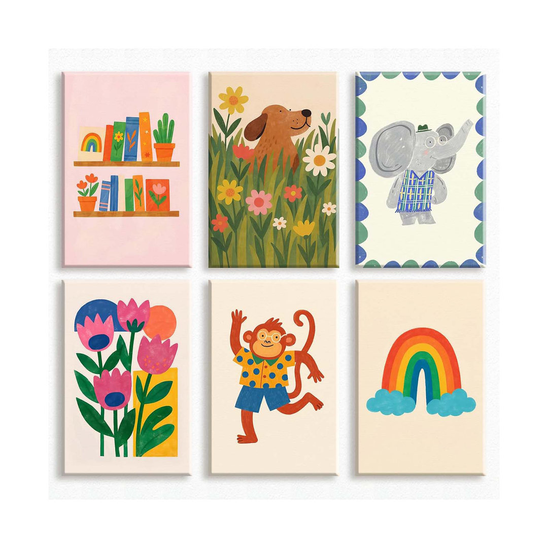 Set Of 6 Nursery Canvas Wall Art, Colorful Flowers Poster For Baby Girl & Boy Room, Cute Dog Elephant And Monkey Animal Picture For Toddler Kids Room,