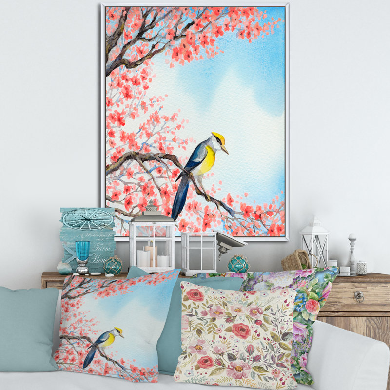 Bel oiseau rouge sur une branche en fleurs I - peinture sur toile, H 32 po x l 24 po x P 1 po, Cadre blanc