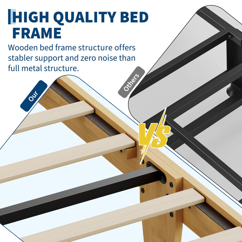 Structure de lit plateforme très grand avec tête de lit et pied de lit en rotin tissé à la main, support en lattes de bois sans bruit en bois aggloméré, dégagement sous le lit de 7,5 po, aucun sommier nécessaire