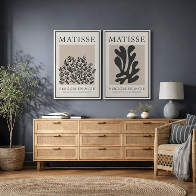 Classical Artwork "Henri Matisse Black Botanical Artwork, Modern Neutral Wall Pictures, Framed Canvas Giclee Print 2 Pieces Wall Art Set" 16x24x2 pcs, 24x36x2 pcs