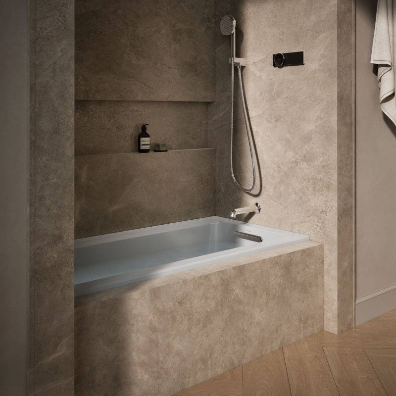 Baignoire en alcôve Archer avec surface chauffante, bride de carrelage et drain à droite, Gris glacé, À droite