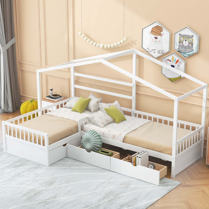 Lit plateforme simple avec 3 tiroirs de rangement - Lit simple en forme de L en bois massif, blanc, Blanc