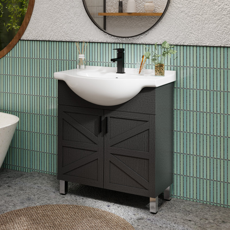 Meuble-lavabo simple autoportant de 30 po avec lavabo épais en céramique Euro, robinet et bonde en laiton, Black, 30"