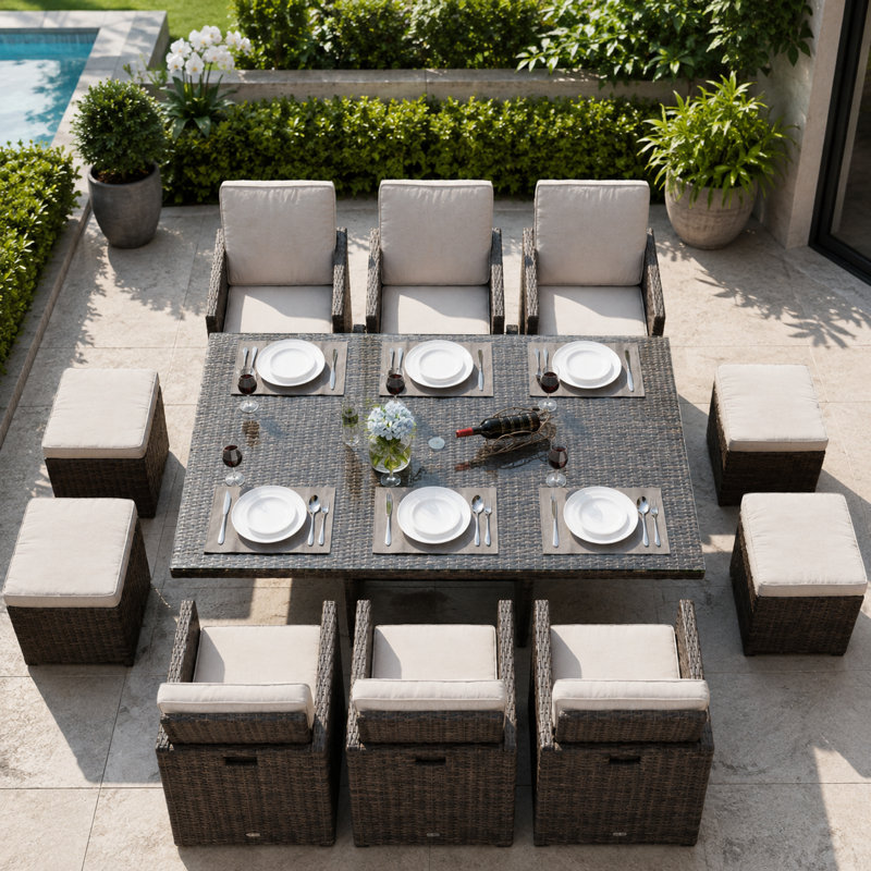 Amher 10 - Person Patio Dining Set Umbrella Hole Included Rectangular Table with Cushions Included, Beige, Brown