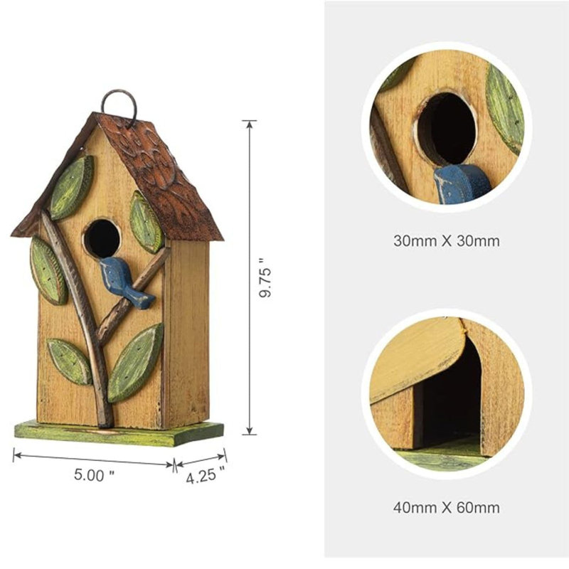Strader Distressed Solid Wood Cottage Decorative Outdoor Garden Birdhouse with 3D Tree, Yellow