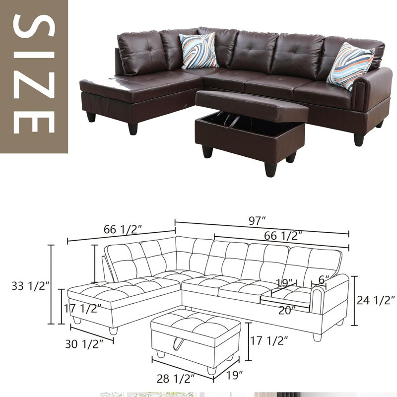 3-Piece Faux Leather Sectional Sofa, Brown Faux Leather