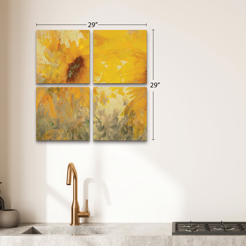 Ensemble de 4 panneaux muraux - Nel Talen «Sunflower», art mural sur toile pour le salon, la chambre à coucher ou le bureau 