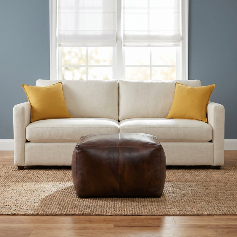 Cleore Galya 22" Wide Genuine Leather Square Pouf, Dark Brown Genuine Leather